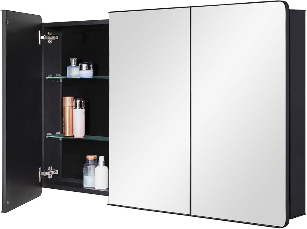 IDYLLOR Bathroom Mirror Medicine Cabinet with Round Corner Framed Door 48 x 30 inch, Black，Recessed or Surface Mount, with Adjustable Glass Shelves