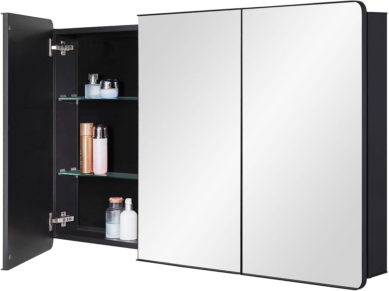 IDYLLOR Bathroom Mirror Medicine Cabinet with Round Corner Framed Door 48 x 30 inch, Black，Recessed or Surface Mount, with Adjustable Glass Shelves