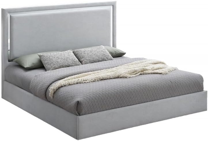 4-Piece Queen Size Modern Bedroom Set, Gray/White Wood Frame wih Mirror Trim, High Gloss Finish