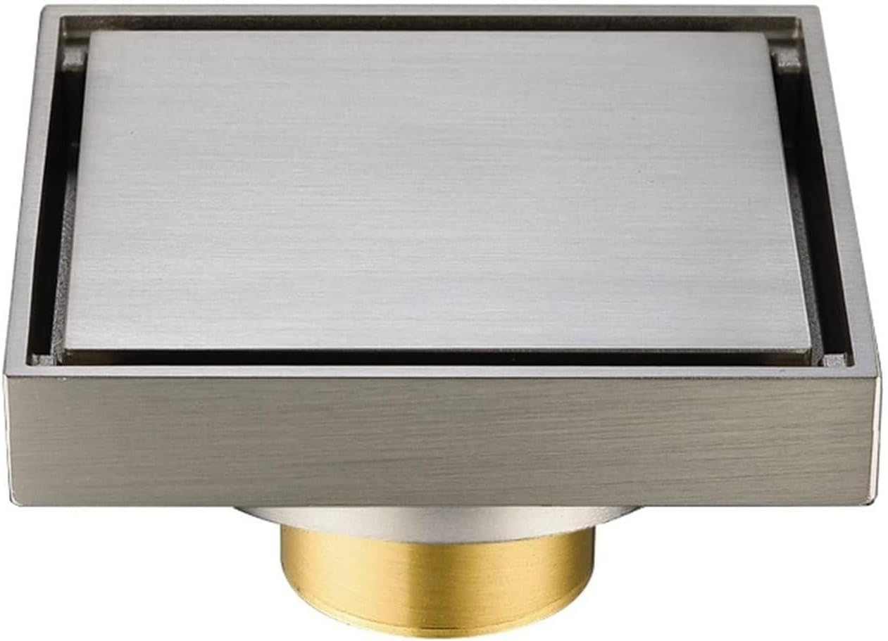 4 Inch Invisible Shower Floor Drain Brass Shower Drain with Tile Insert Grate Removable Cover Hair Catcher Strainer, Square Floor Drainer with Hair Strainer