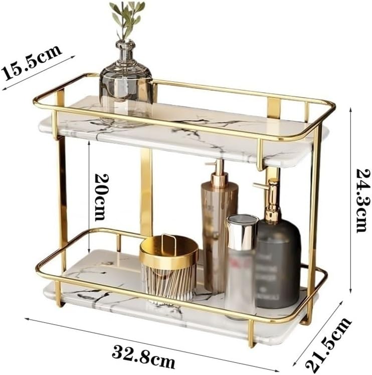 Shelves, 2-Tier Bathroom Orga Countertop, Luxury Perfume Makeup Orga, Marble Ceramic Vanity Tray Dresser with Gold Stainless Steel Frame Bathroom Accessories(White-One Size)