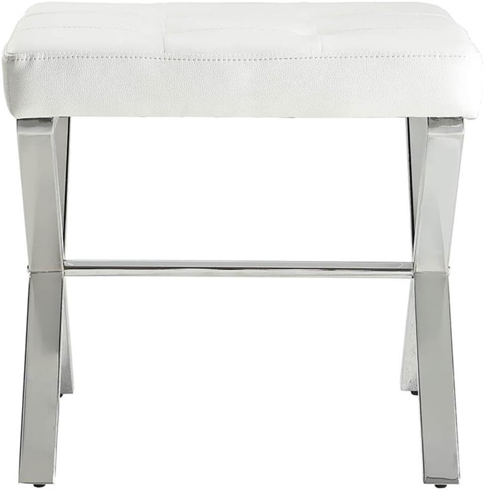 Pemberly Row Modern Vanity Bench, Chrome X-Base, White Faux Leather Upholstery, Tufted Cushion, 20' L x 16' D x 19' H, Sleek Contemporary Design for Bedroom or Indoor Use
