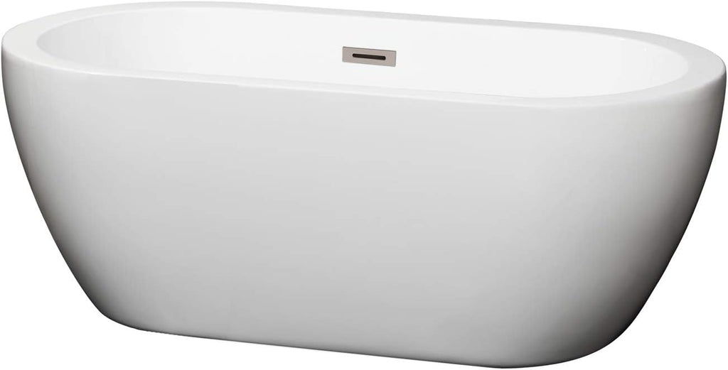 Soho 60 inch Freestanding Bathtub in White with Brushed Nickel Drain and Overflow Trim