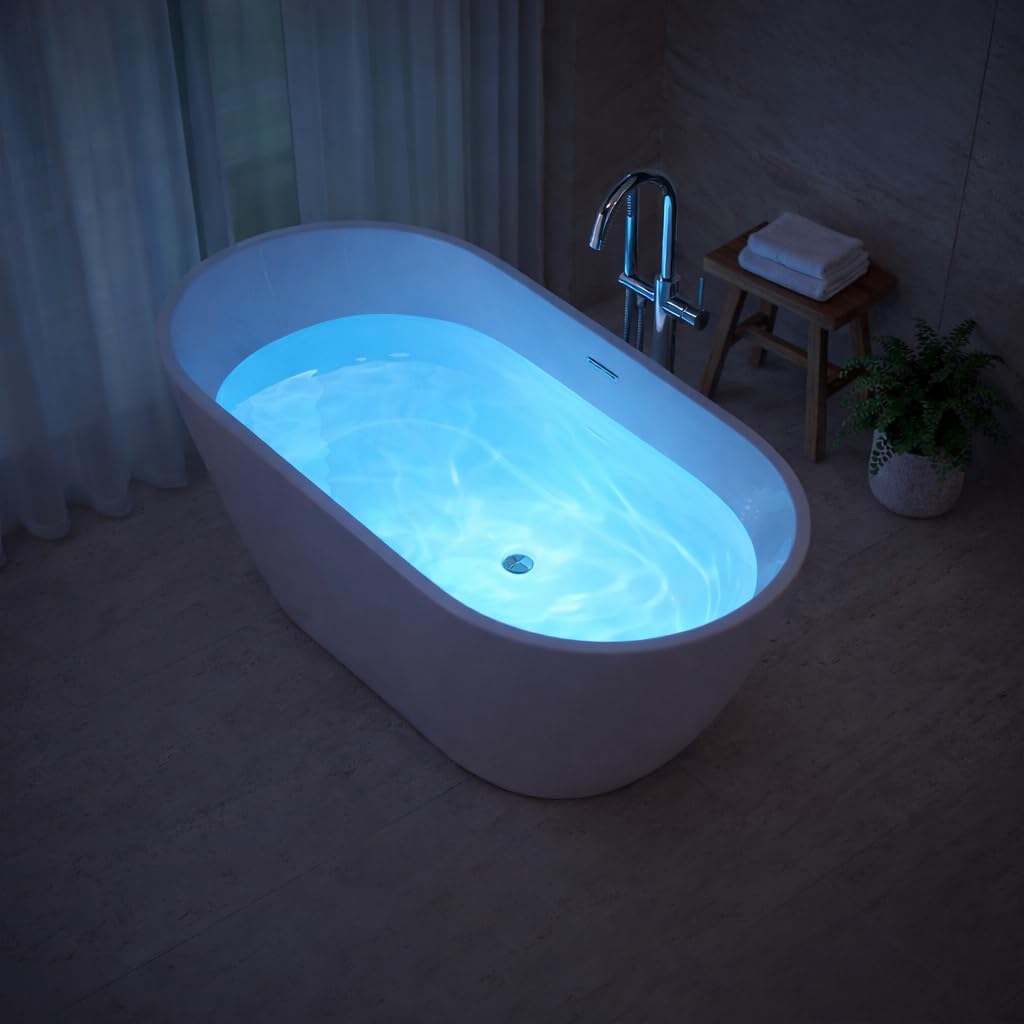 ANZZI Freestanding Bathtub Acrylic 59 In Flat Bottom Soaking Tub White Mone Series Compact Design Built In Overflow 53 Gal Capacity Modern Bathroom Fixture AMZFT903-59 | SKU Glossy Finish Deep Soak