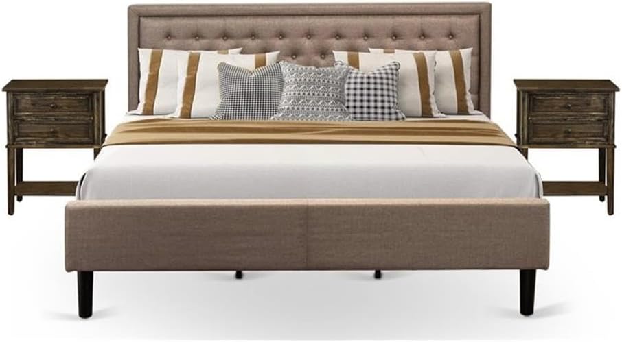 East West Furniture KD16K-2VL07 3 Piece King Bed Set - 1 King Bed Frame Dark Khaki Linen Fabric Padded and Button Tufted Headboard with 2 Mid Century Nightstand - Distressed Jacobean Finish Nightstand
