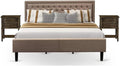 East West Furniture KD16K-2VL07 3 Piece King Bed Set - 1 King Bed Frame Dark Khaki Linen Fabric Padded and Button Tufted Headboard with 2 Mid Century Nightstand - Distressed Jacobean Finish Nightstand
