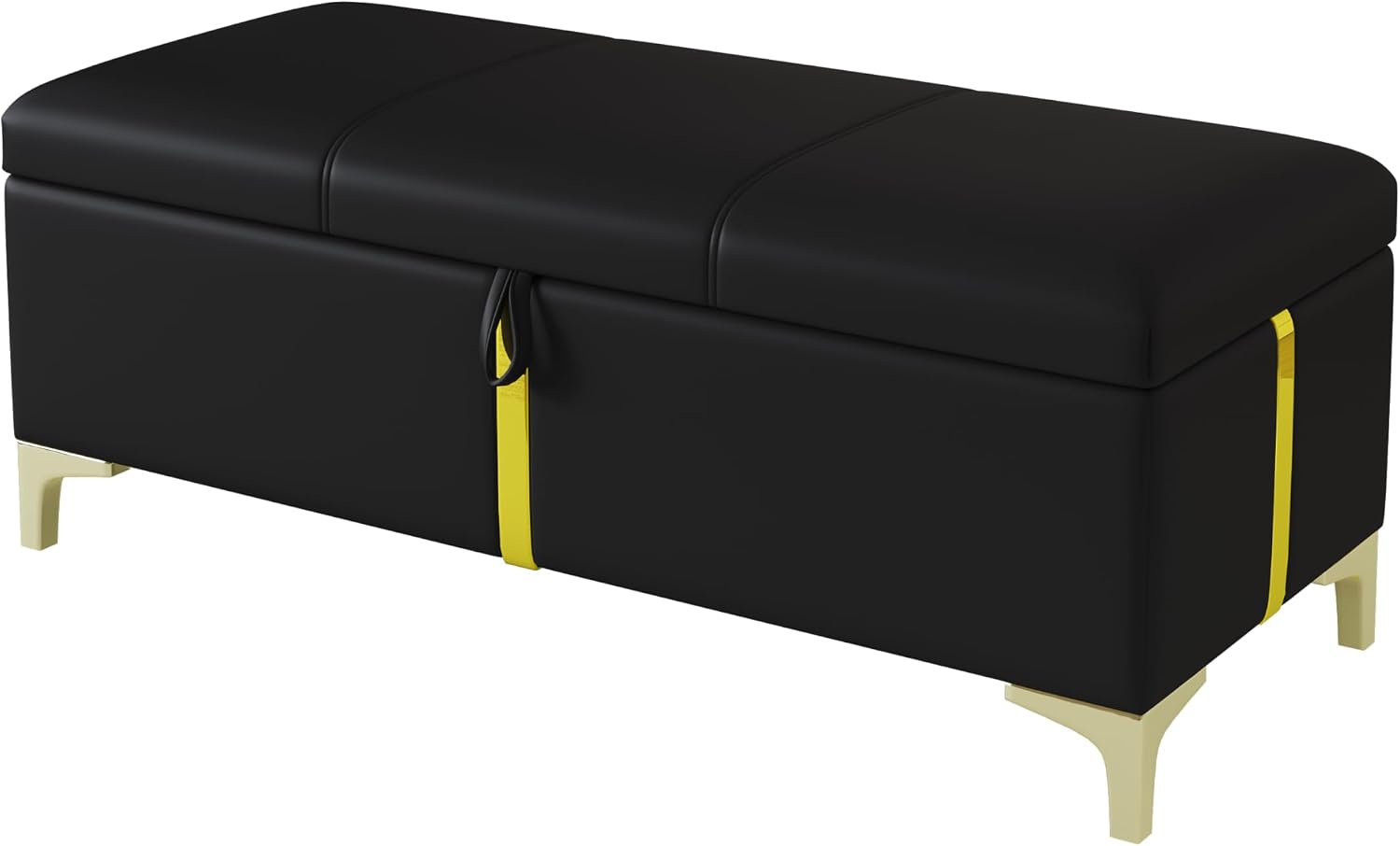GDFStudio 2-Piece Furniture Set with Queen Size Upholstered Platform Bed with Hydraulic Storage System and Velvet Storage Ottoman with Gold Metal Legs,Modern Bed Frame,Mattress not Included,Black