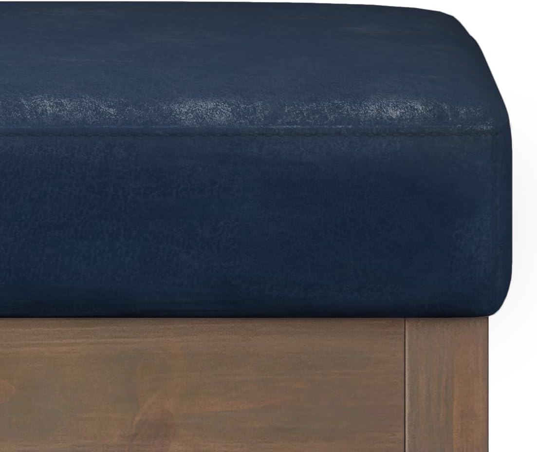 SIMPLIHOME Milltown Small Ottoman Bench - 27' Wide x 18' High Upholstered Vegan Leather Rectangle Footstool Ottoman in Distressed Dark Blue, Contemporary Bench with Cushioned Seat, Assembled
