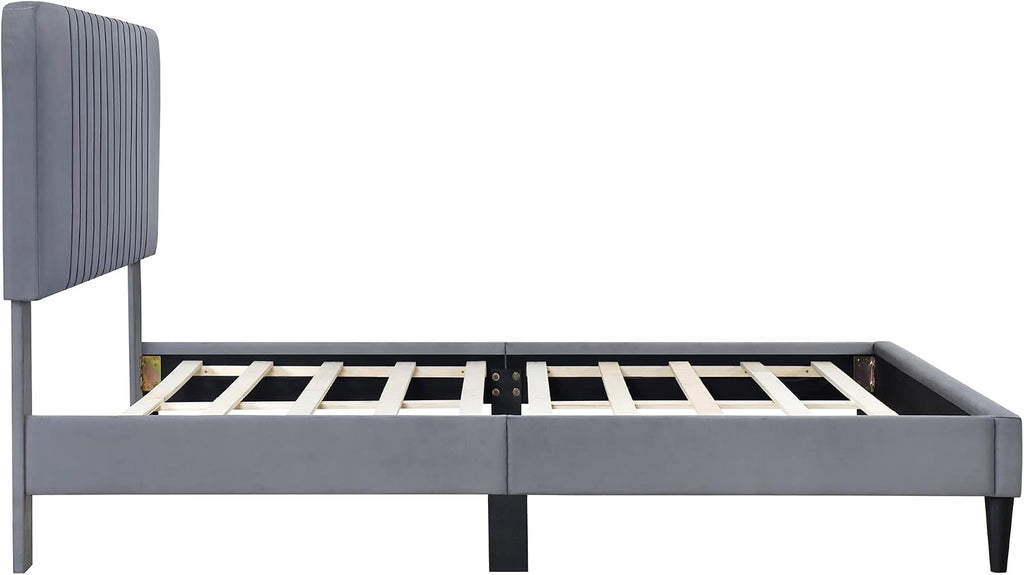 KLMM Elegant Full Size Upholstered Platform Bed,No Box Spring Needed, Velvet Fabric, Suitable for Bedroom Use, Easy to Assemble (Gray#K^)