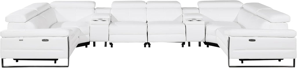 BlackJack Furniture Antonio 8 Piece U Shaped Power Reclining Sectional Sofa, Modular Couch with Top Grain Italian Leather, 4 Electric Recliners, USB & Wireless Chargers, Storage Console, White