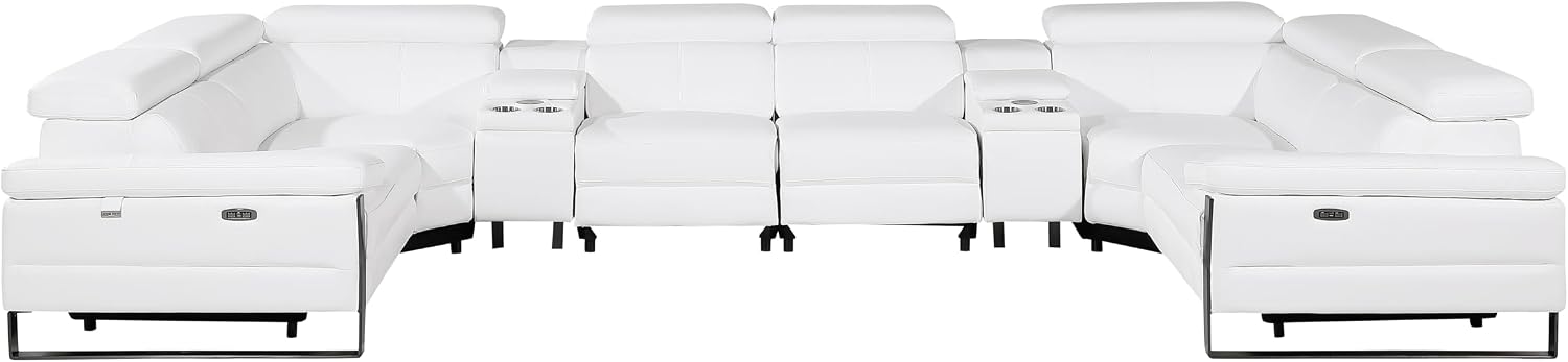 BlackJack Furniture Antonio 8 Piece U Shaped Power Reclining Sectional Sofa, Modular Couch with Top Grain Italian Leather, 4 Electric Recliners, USB & Wireless Chargers, Storage Console, White