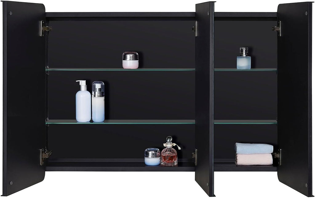 IDYLLOR Bathroom Mirror Medicine Cabinet with Round Corner Framed Door 36 x 26 inch, Black，Recessed or Surface Mount, with Adjustable Glass Shelves
