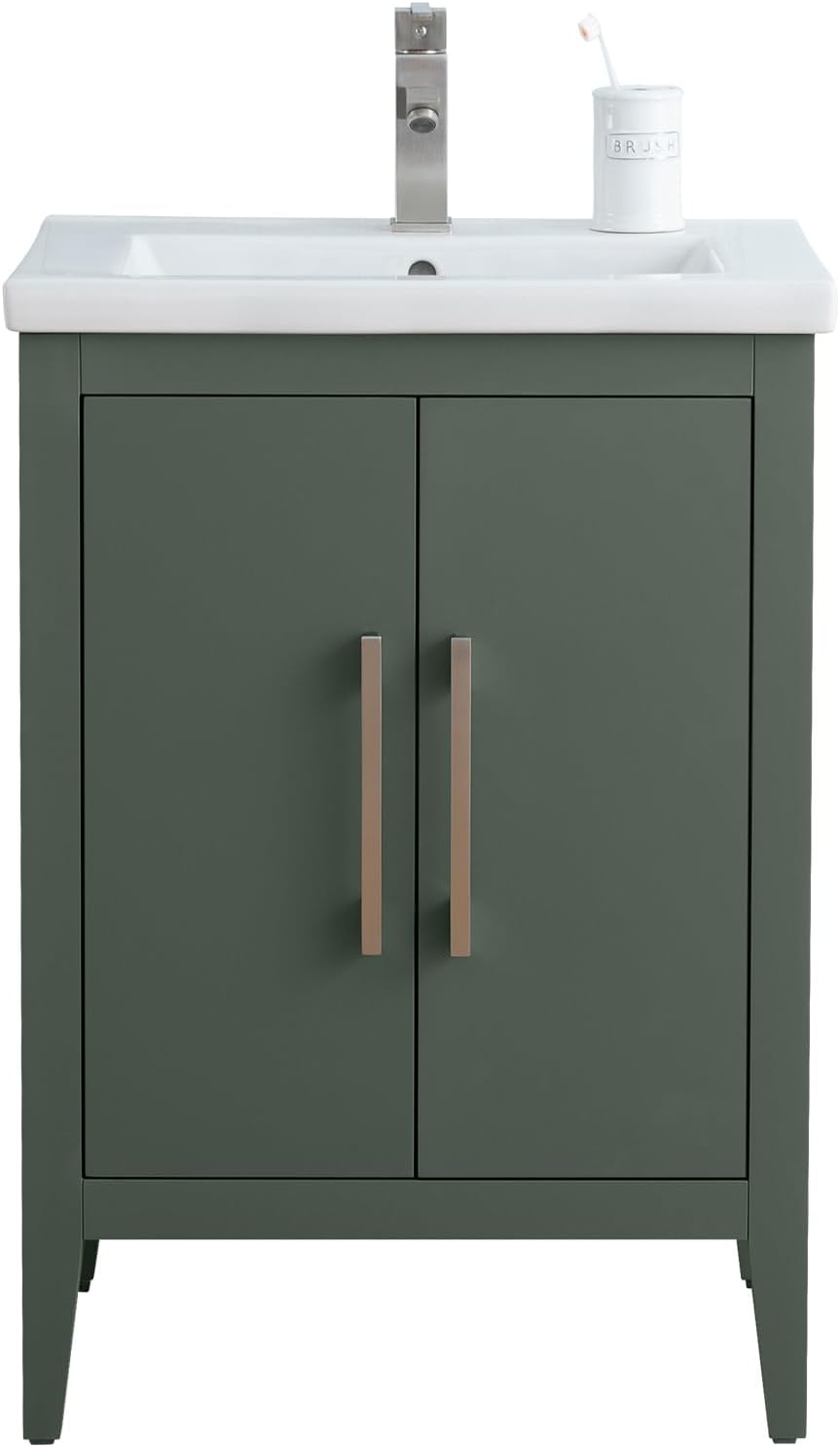 Vanity Art 24 inch Bathroom Vanity with Single Sink & Ceramic Top, Vanity Cabinet with Soft-Closing Doors, Solid Wood Frame, Vintage Green, VA9024-VG-BN1
