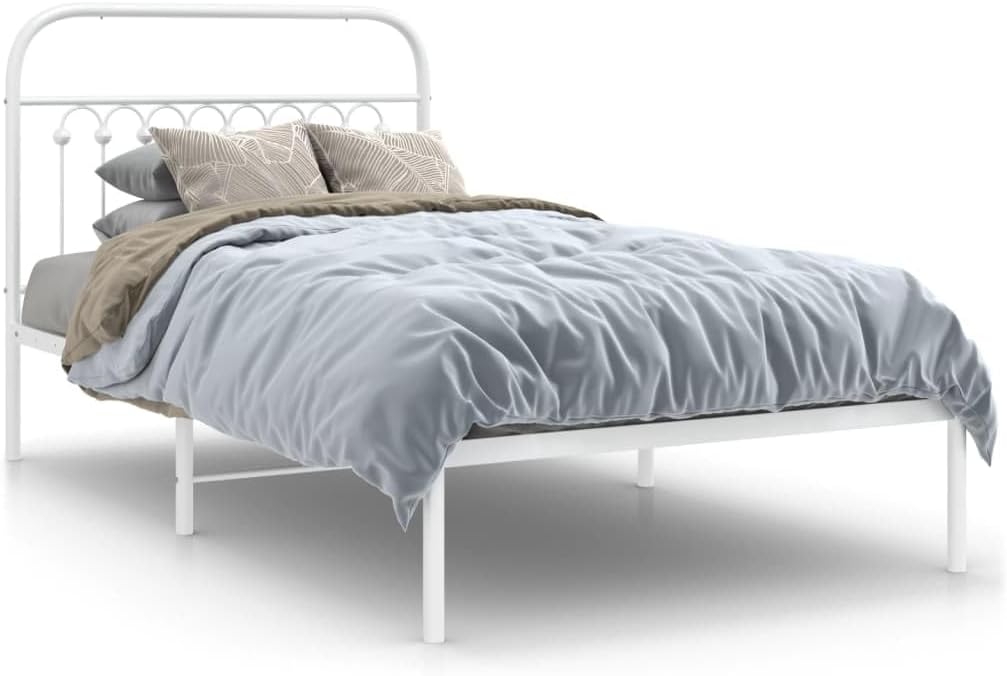 Twin Bed Frame White Steel Metal Frame 39.4 x 78.7 in Rectangular with Headboard Sturdy Support Classic Design for Bedroom and Guest Room