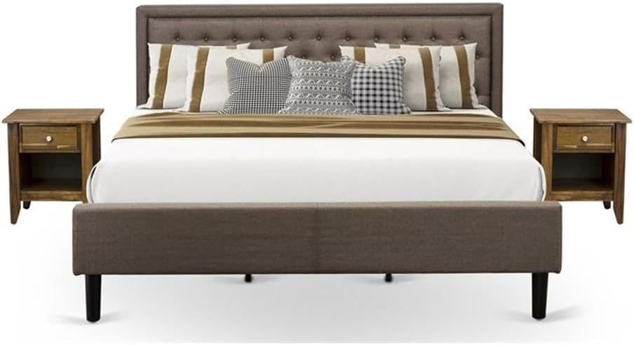 East West Furniture KD18K-2GA08 3 Piece King Bed Set - 1 King Bed Frame Brown Linen Fabric Padded and Button Tufted Headboard with 2 nightstands Bedroom - Antique Walnut Finish Nightstand