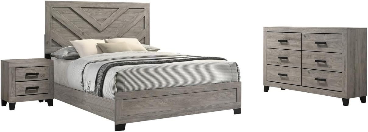 Furniture Rustic Charm Bedroom Set with Chevron Panel Headboard