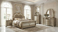 MASARA 3-Piece Traditional Queen Bedroom Set, Gold Champagne, 100% Polyester Fabric with Marble, Sleigh Bed with Diamond Button Tufting