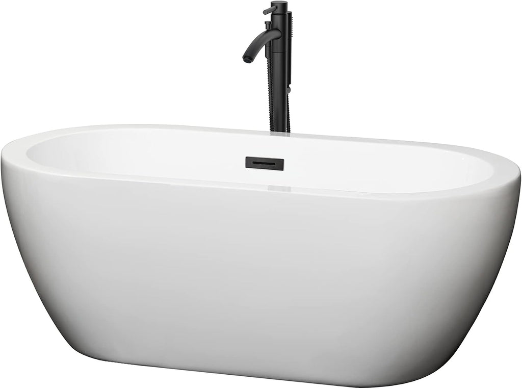 Soho 60 Inch Freestanding Bathtub in White with Floor Mounted Faucet, Drain and Overflow Trim in Matte Black