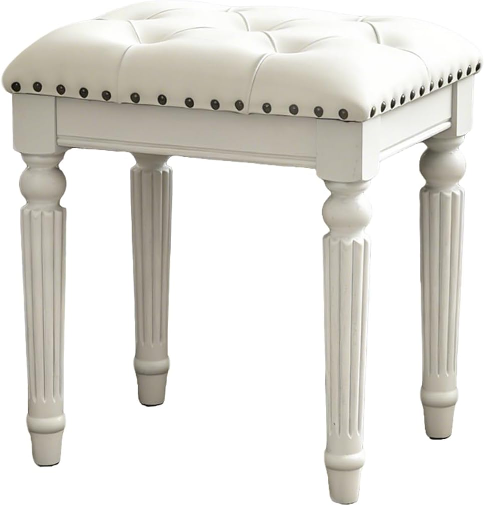 Vanity Stool with White Faux Leather Cushion, Small Vanity Bench-Tufted Leatherette Seat with Nailhead Trim & Button-Tufted Design,Solid Wood Legs with Carved Detail, Backless Makeup Stool for Bedroom