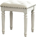 Vanity Stool with White Faux Leather Cushion, Small Vanity Bench-Tufted Leatherette Seat with Nailhead Trim & Button-Tufted Design,Solid Wood Legs with Carved Detail, Backless Makeup Stool for Bedroom