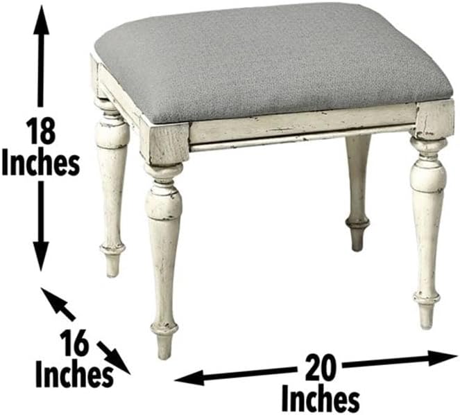 Pemberly Row Farmhouse Distressed Rustic Ivory Wood Vanity Bench, Solid Wood Frame, Dove Gray Upholstered Seat, Tapered Turned Legs, 18' H x 20' W x 16' D, Bedroom or Dressing Area Seating