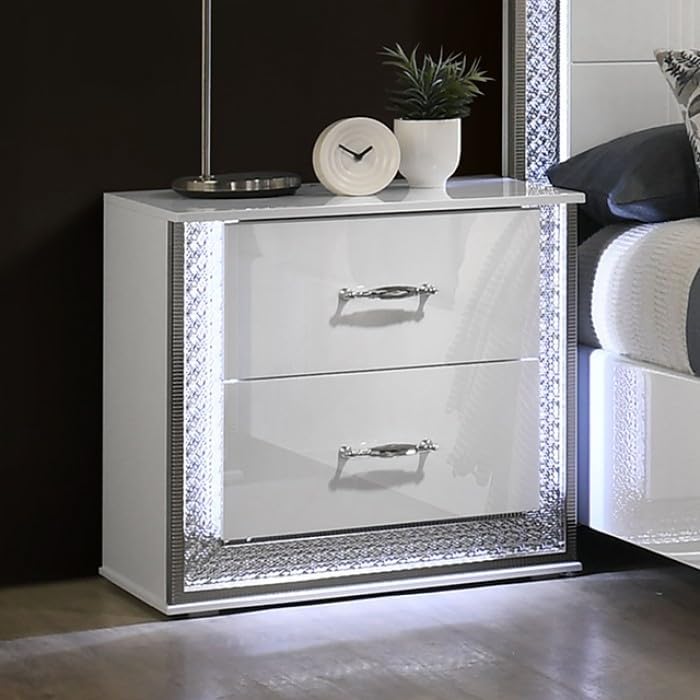 MASARA 6-Piece Glam White Bedroom Set with High-Gloss Finish, Engineered Wood, Crystal Effect Zinc Alloy Trim (King)