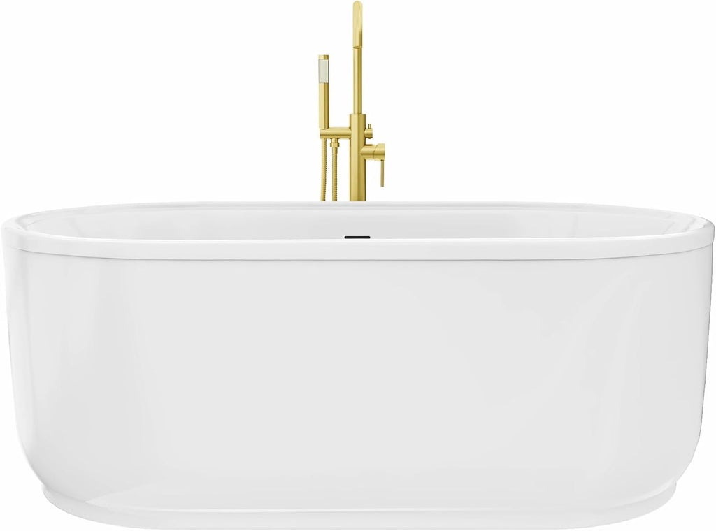 DreamLine Encore 65 3/4 inch L x 34 1/4 inch W x 23 1/8 inch H Freestanding Acrylic Bathtub with Brushed Brass Drain