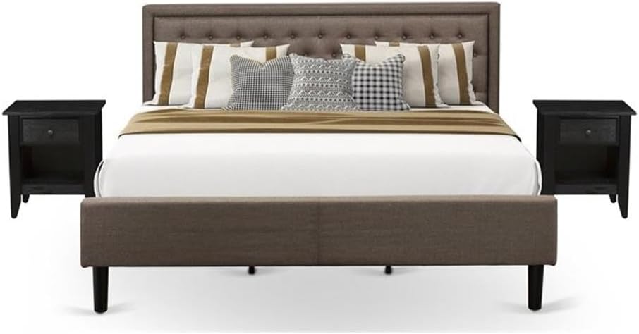 East West Furniture KD18K-2GA06 3 Piece King Bedroom Set - 1 King Platform Bed Brown Linen Fabric Padded and Button Tufted Headboard with 2 Night Stands - Wire Brushed Black Finish Nightstand