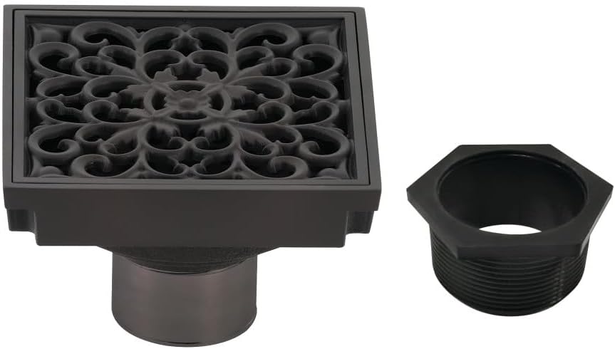 Scroll 4' Brass Square Grid Shower Drain with Hair Strainer, Oil Rubbed Bronze