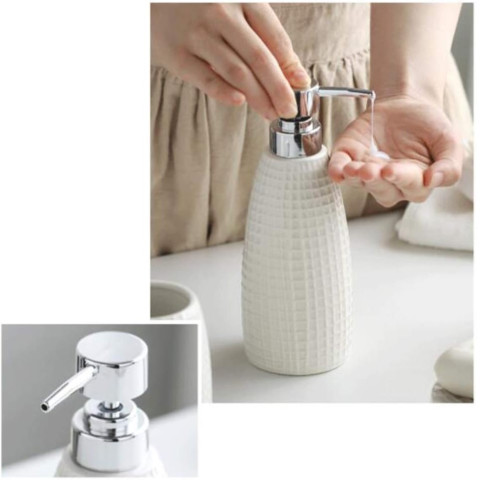 Lotion Dispenser 5 Piece Ceramics Bathroom Accessory Set, Toothbrush Holder, Liquid Soap Dispenser, Soap Dish, 2 Tumblers ，Bathroom Accessories Set Countertop Soap Dispensers (Color : White)
