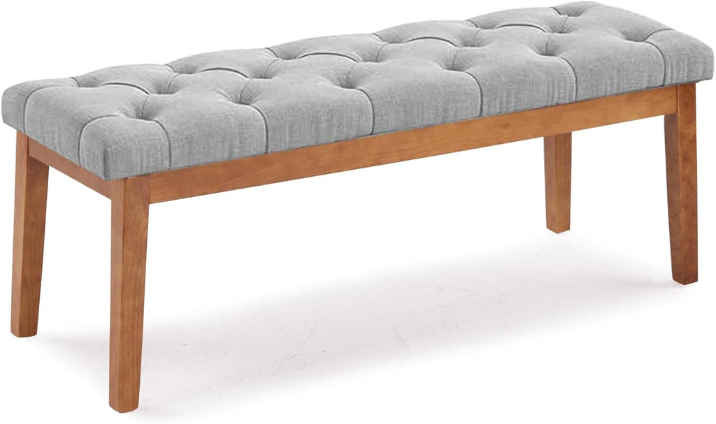 Ottoman Bench Upholstered Padded Seat with Solid Wood Legs and Button-Tufted, Big Oversized Ottoman, Linen Grey