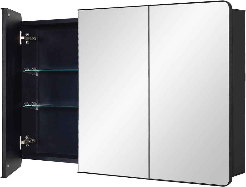 IDYLLOR Black Bathroom Medicine Cabinet with Round Corner Framed Door, 40 x 25.5 inch, Recessed or Surface Mount, with Adjustable Glass Shelves