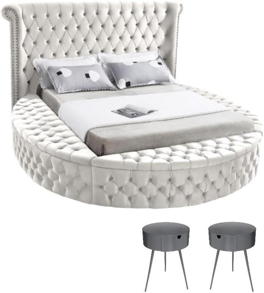 Home Square 3-Piece Set with Luxus Cream Velvet Queen Bed & 2 Bali Nightstands