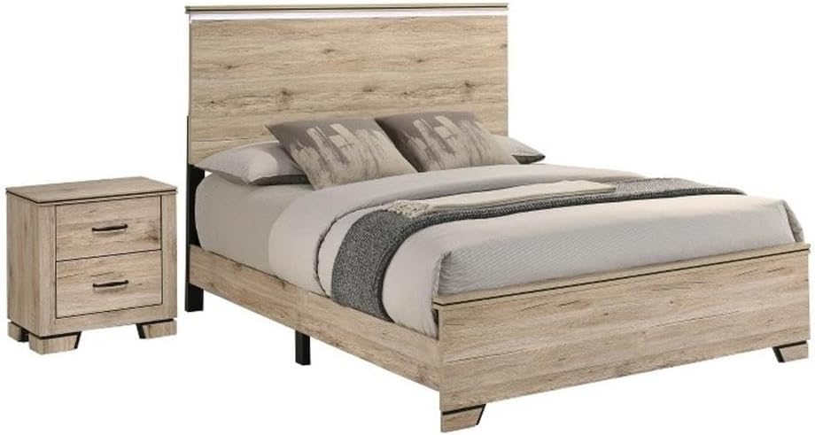 Best Quality Furniture Rustic Light Brown Oak Wood Bedroom Set with Charging Station and LED Lighting