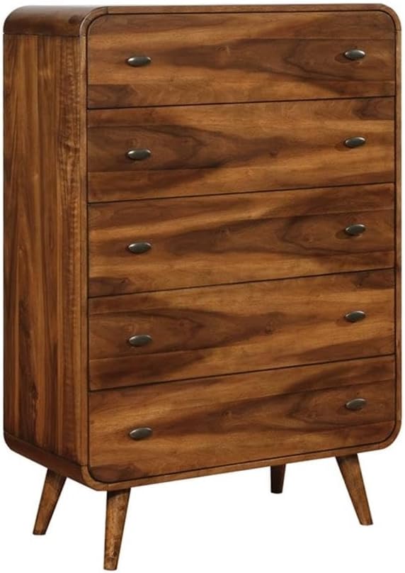 Pemberly Row 5-Piece Eastern King Wood Bedroom Set, Dark Walnut and Dark Gray Finish, Upholstered Headboard, Mid-Century Style with Storage, Includes Bed, Dresser, Mirror, Nightstand, and Chest