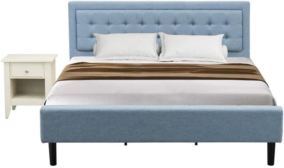 East West Furniture FN11K-1GA0C 2-Piece Fannin Bed Set with 1 King Frame and a Wire Brushed Butter Cream Mid Century Modern Nightstand - Reliable and Sturdy Construction - Denim Blue Linen Fabric Bed