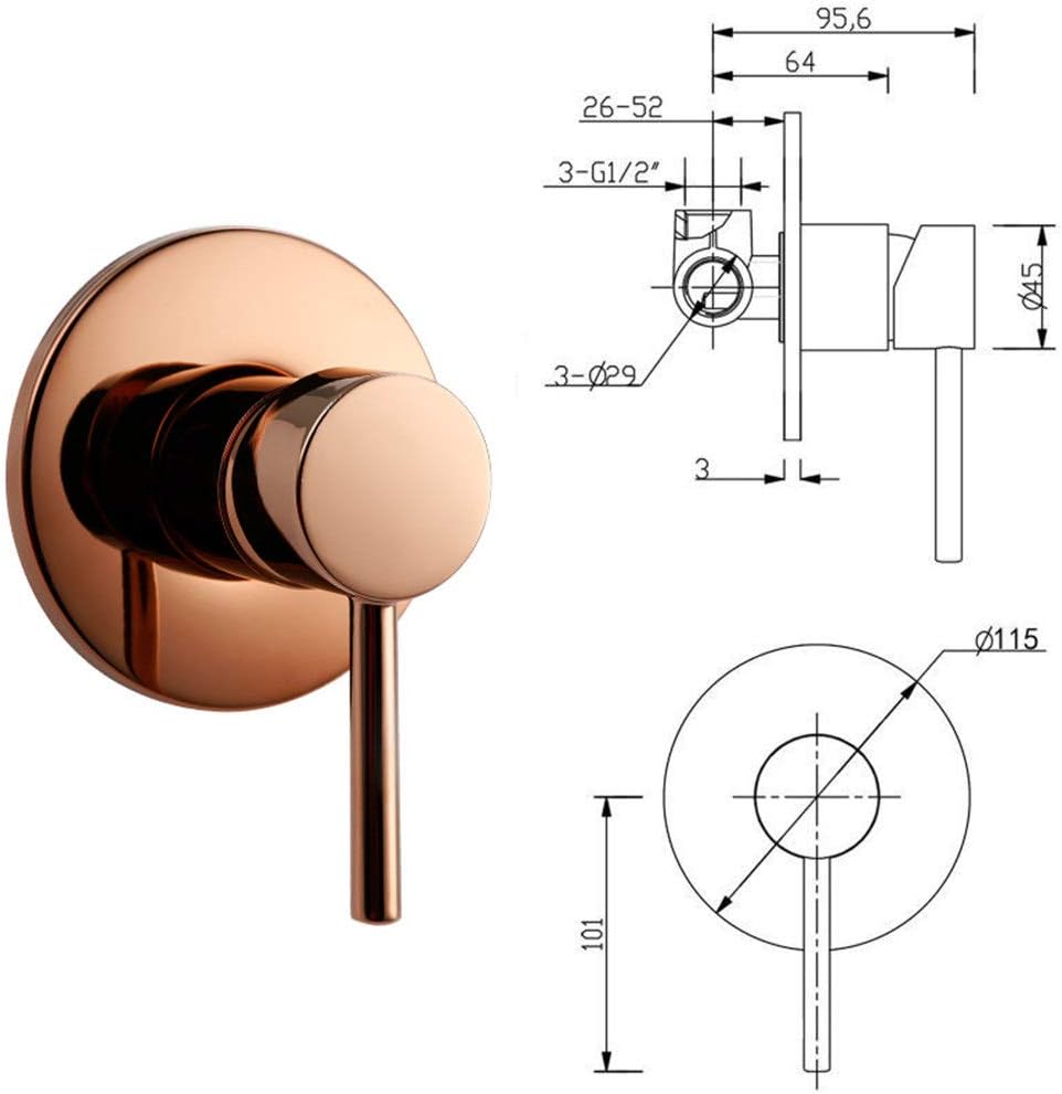 Rose Gold Shower System Bathroom Solid Brass Shower Diverter Valve Faucet Set with 8-12 Inch Round Shower Head Shower Faucet Set, 12inch