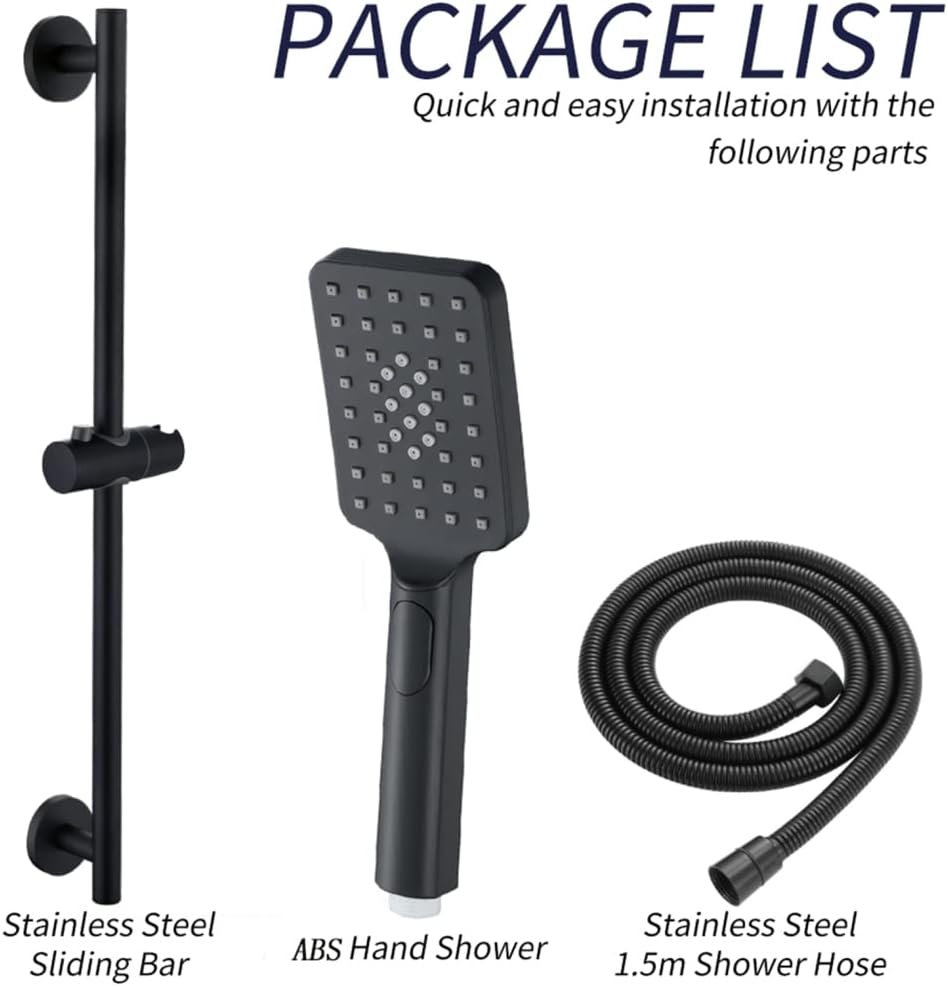 Shower Slide Bar with 3 Functions Handheld Shower,Black 304 Stainless Steel Handheld Shower Wall Mounted Adjustable Holder Set for Bathroom