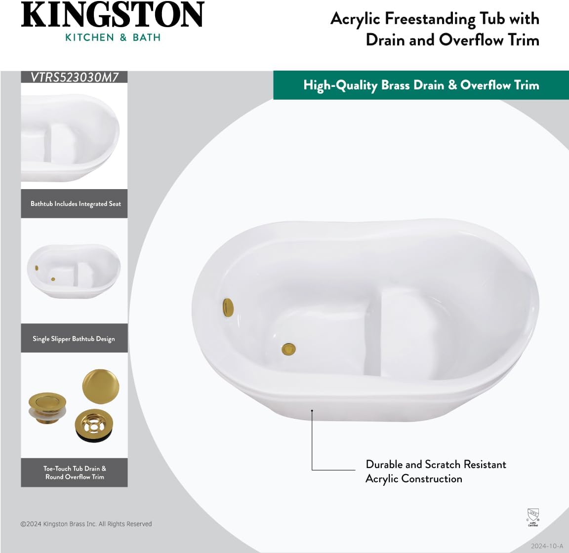 Kingston Brass VTRS523030M5 52' Acrylic Oval Single Slipper Freestanding Tub with Overflow/Drain Assembly and Integral Seat, Glossy White/Oil Rubbed Bronze