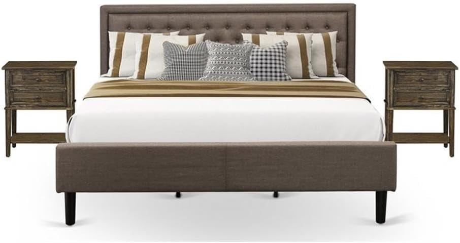 East West Furniture KD18K-2VL07 3 Piece Wood Bedroom Set - 1 King Size Bed Brown Linen Fabric Padded and Button Tufted Headboard with 2 Wood Night Stand - Distressed Jacobean Finish Nightstand