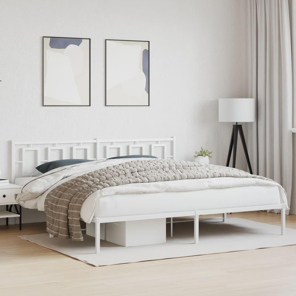 Metal Bed Frame with Headboard White King Size 76'x79.9' Heavy Duty Steel Platform Bed Frame with Underbed Storage Space for Bedroom Furniture