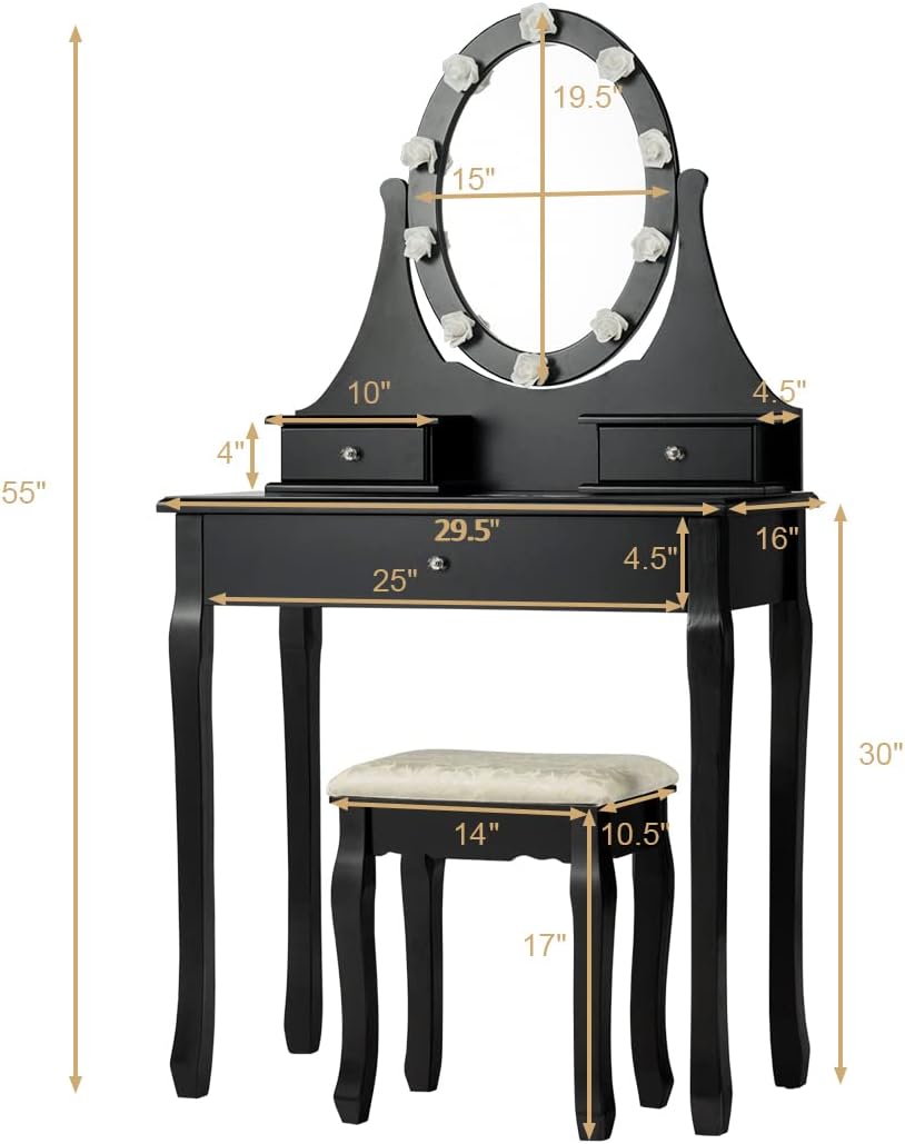 Giantex Vanity Set with Lighted Mirror, Makeup Table with 10 Rose Light, Modern Dressing Desk with Cushioned Stool, 3 Drawers and 360° Rotating Mirror for Bedroom, Vanity Table with Stool (Black)