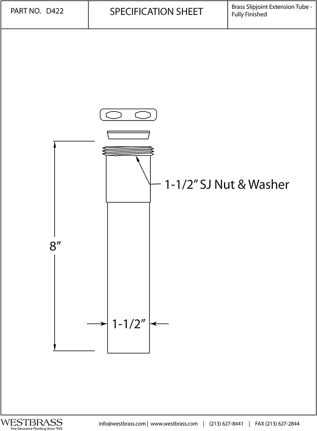 Westbrass D422-25-01 1-1/2' x 8' Slip Joint Extension Tube, Polished Brass (25-Pack)