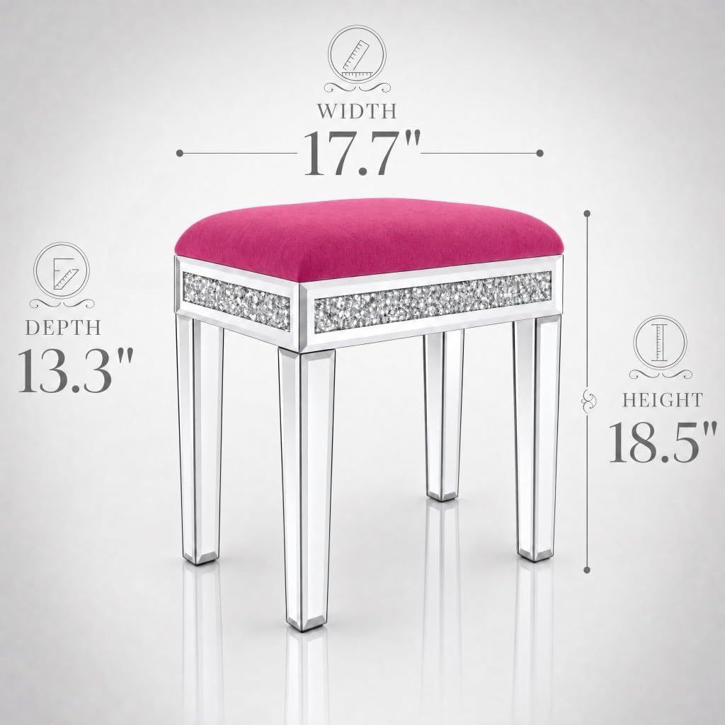 Vanity Stool with Storage Mirrored Legs, Velvet Cushioned Ottoman, Hidden Compartment, Sparkling Diamond Trim, Glam Makeup Chair & Piano Bench (Hot Pink)