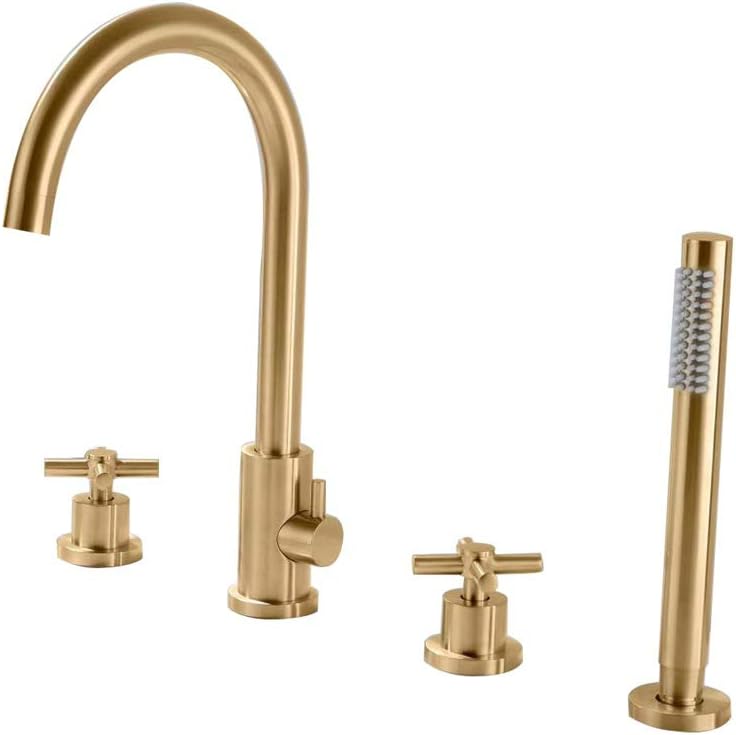 Bathtub Faucet with Shower, Black/Gold/Chrome Bath Mixer Bathroom Shower Faucet Waterfall Brass Valve Bath Shower Mixer Taps Two Handles Four Holes Bathtub Taps Set,Gold