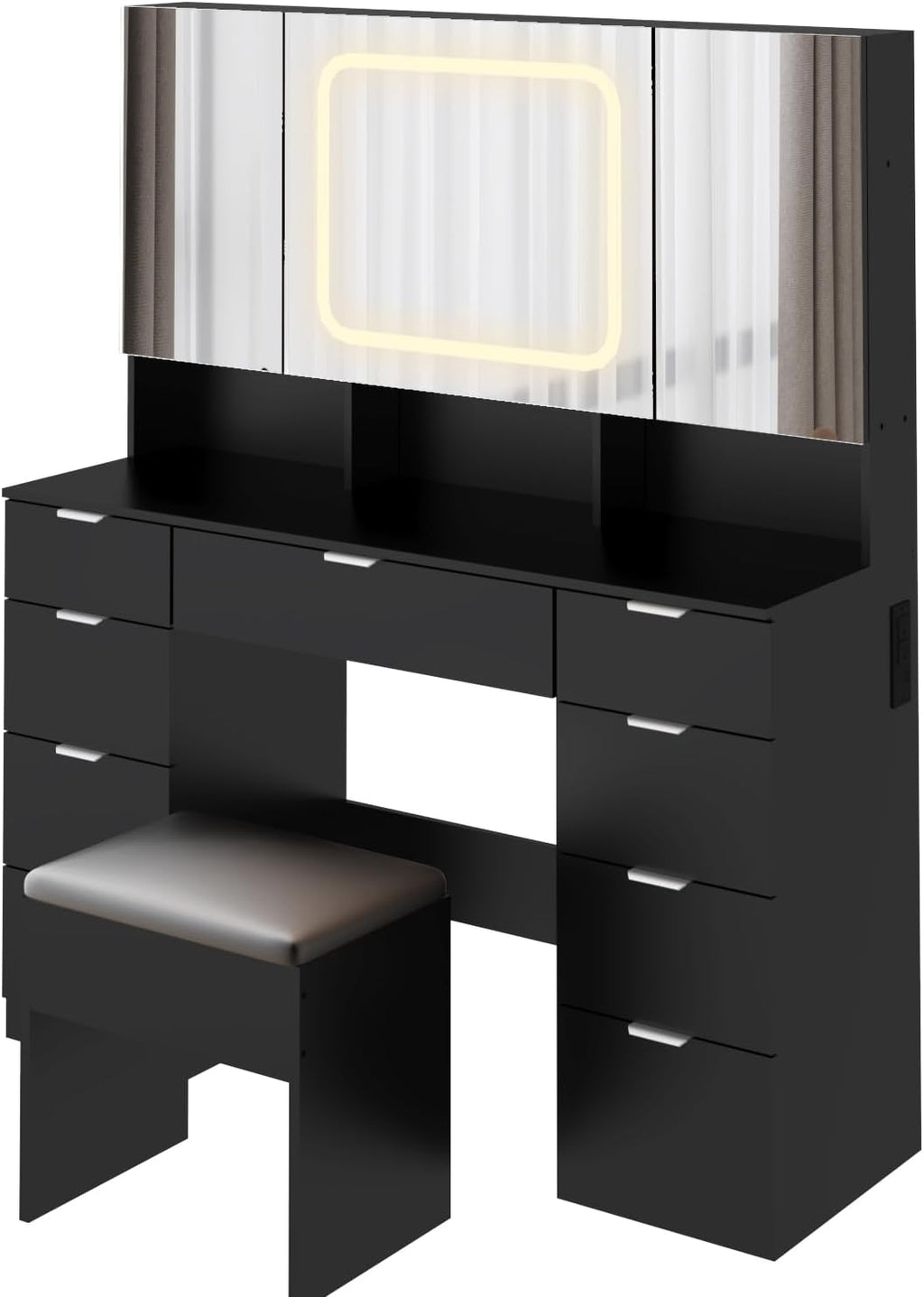 VINGLI 47'' Vanity Desk with LED Lighted Large Mirror & Cushioned Stool, Makeup Set with 3 Mirrored Cabinets & Lighting in 3 Colors & 9 Drawers & Charging Station for Bedroom, Black