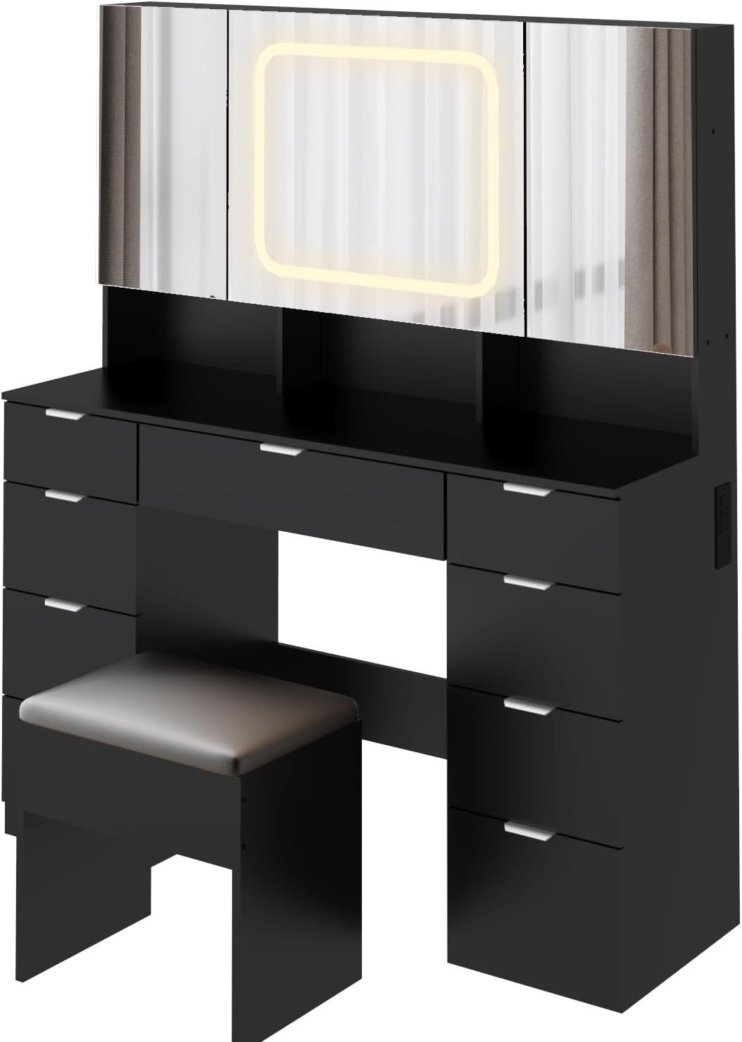 VINGLI 47'' Vanity Desk with LED Lighted Large Mirror & Cushioned Stool, Makeup Set with 3 Mirrored Cabinets & Lighting in 3 Colors & 9 Drawers & Charging Station for Bedroom, Black