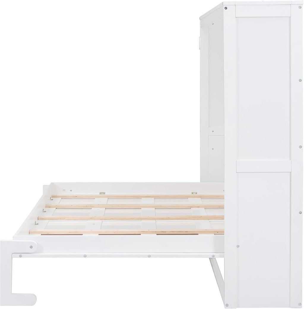 Merax Modern Farmhouse Solid Wood Murphy Bed Chest/Space Saving/Wood Slat Support/Queen,White