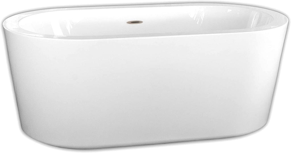 Carver Tubs - Vitality 59' - Modern White Freestanding Soaking Bathtub, With Brushed Nickel Center Drain - White Oval Classic Acrylic Bath Tub - Deep Relaxing Soak - 59' L x 31.5' W x 23' H