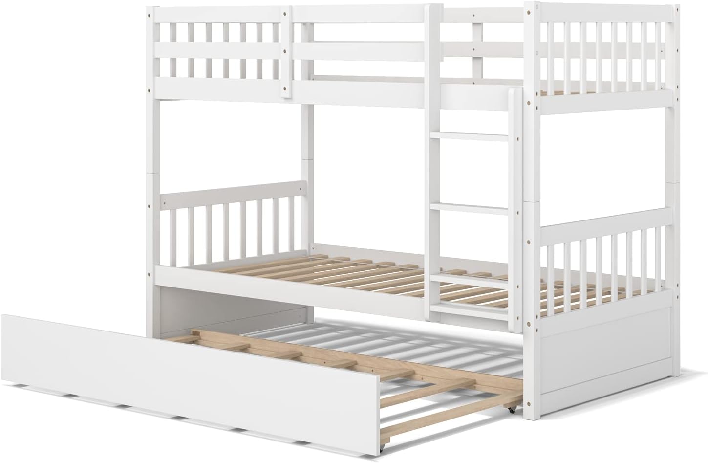KOMFOTT Wood Twin Over Twin Bunk Bed with Trundle, Solid Pine Wood Bunk Bed Frame with Ladder & Safety Guardrails, Space-Saving Convertible Twin Bed Frame for Home & Dormitory, No Box Spring Needed
